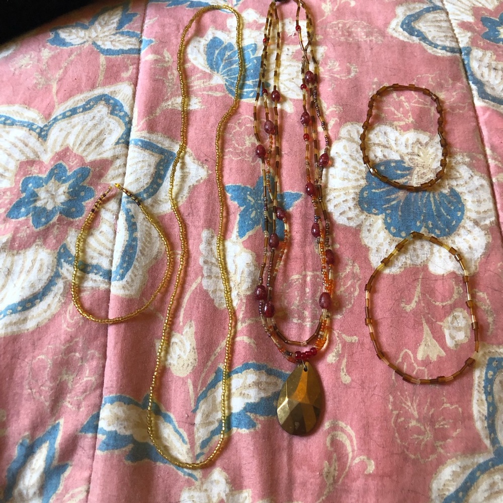 Gold and Amber Layered Pendant Necklace Set - Women Jewelry